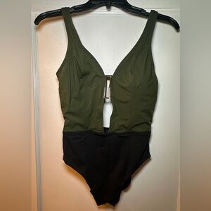 NWT olive black two toned gold embellishment one piece bathinsuit